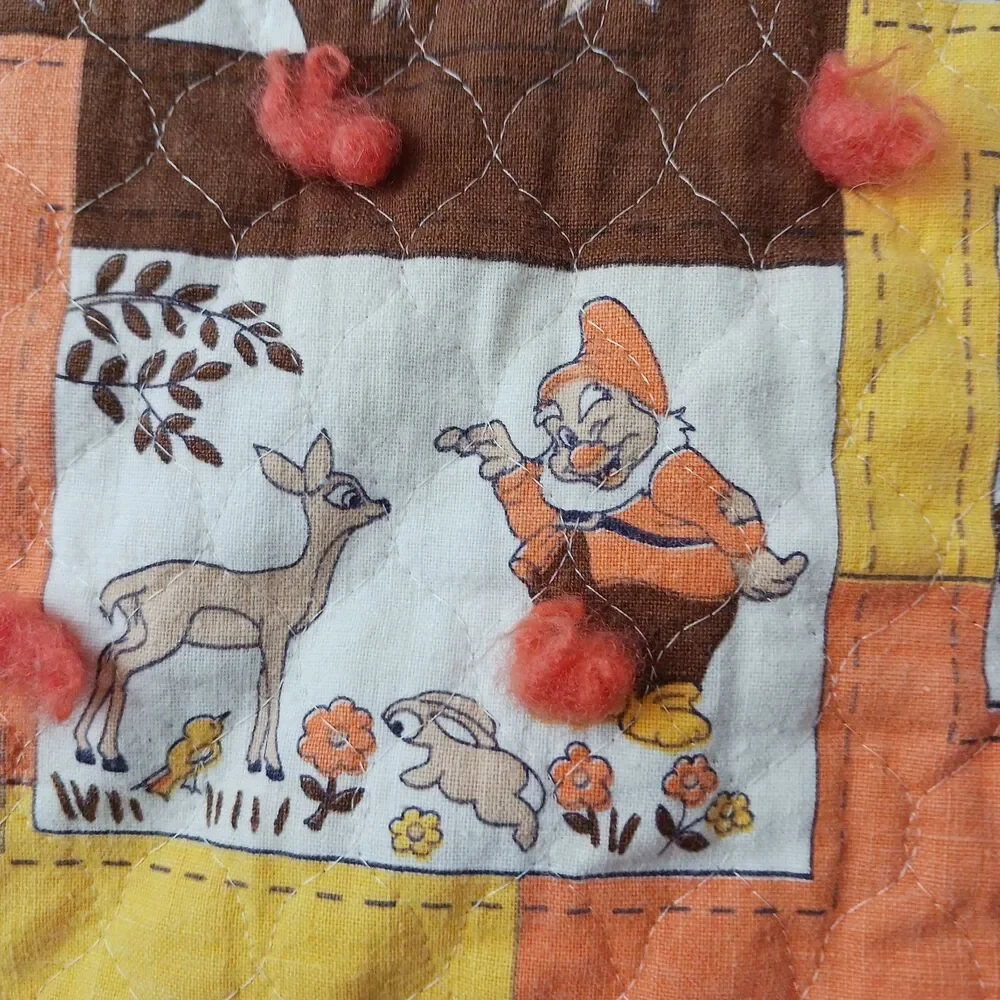 Vtg  Handmade Baby Quilt Flannel Disney Snow White Dwarfs MCM Tied